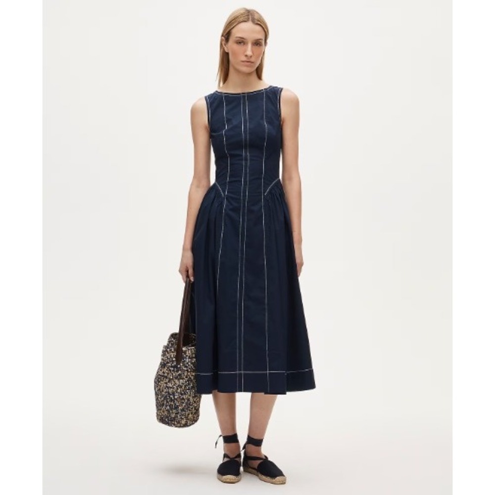 NEW J.Crew Fit and Flare Midi Dress 10 Navy Contrast Stitch Preppy Coastal Maxi